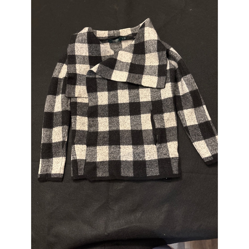 Lauren Ralph Lauren Cardigan Womens S Black Grey Excellent Buffalo Plaid Shawl